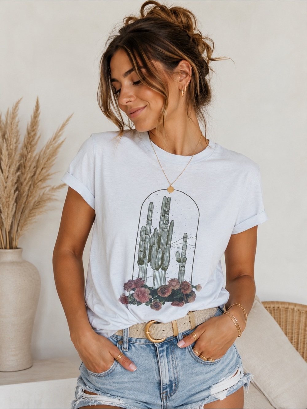 Serengetee Cactus Rose Graphic Tee White Small